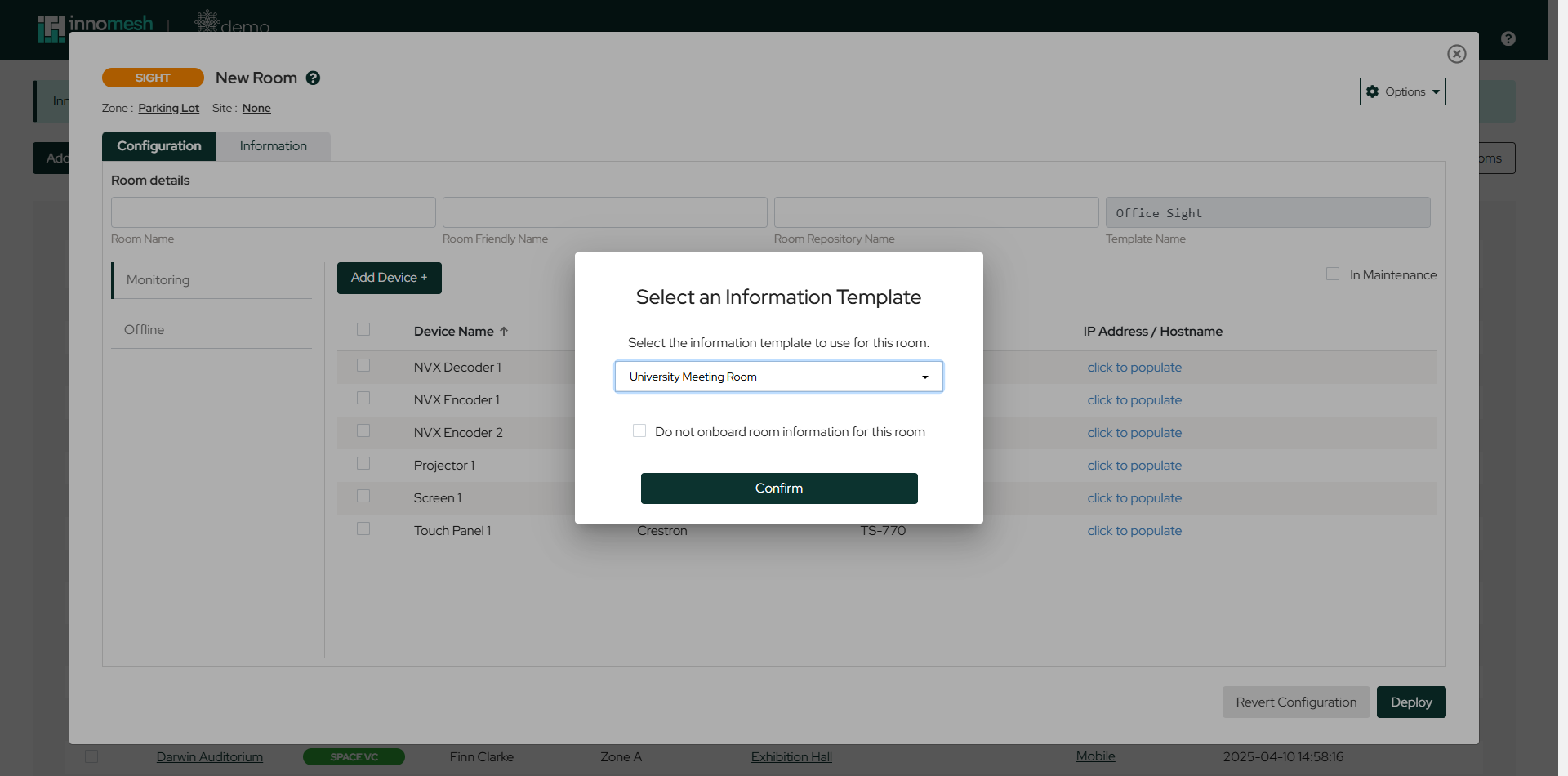 Select an Information Template dialog with a template chosen and a skip checkbox
