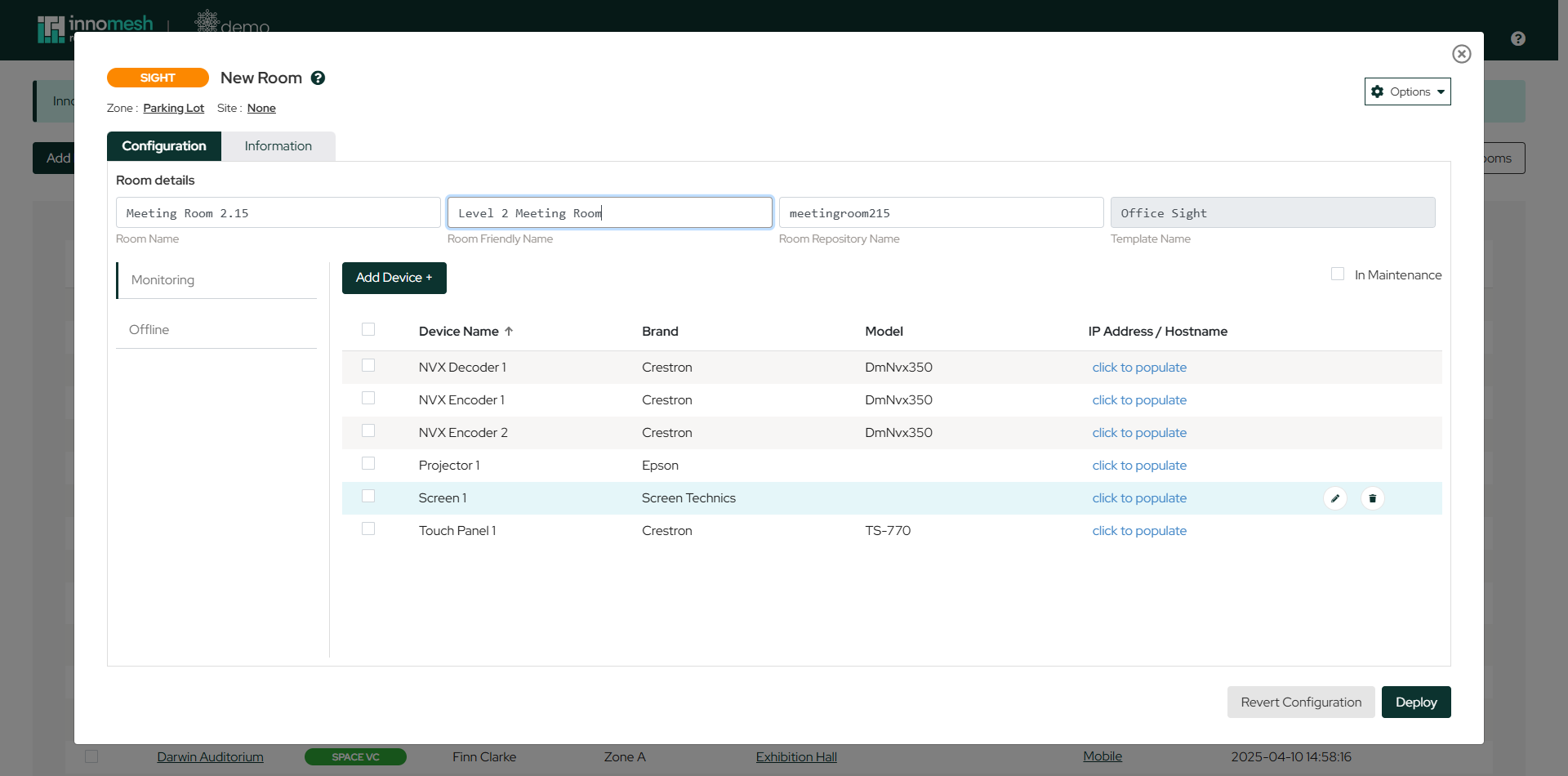 New Sight room configuration view with room details, inherited device list, and Deploy button