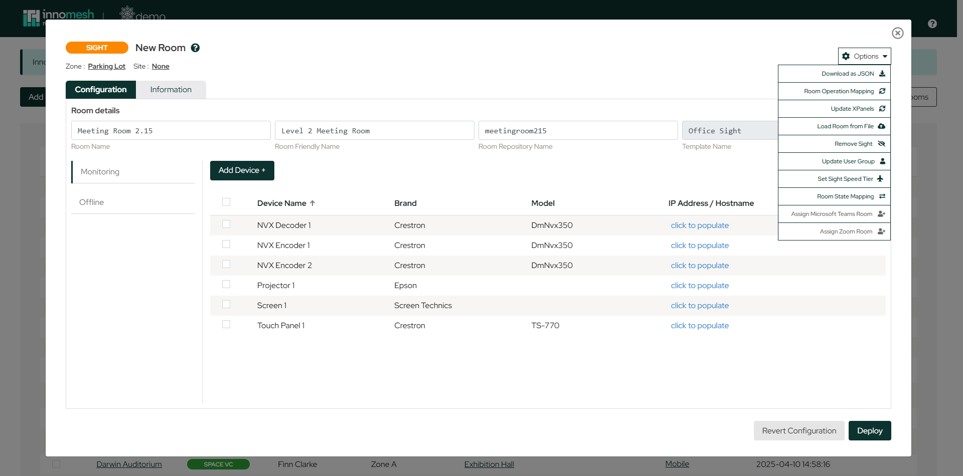 Options dropdown expanded listing ten room utilities including Set Sight Speed Tier