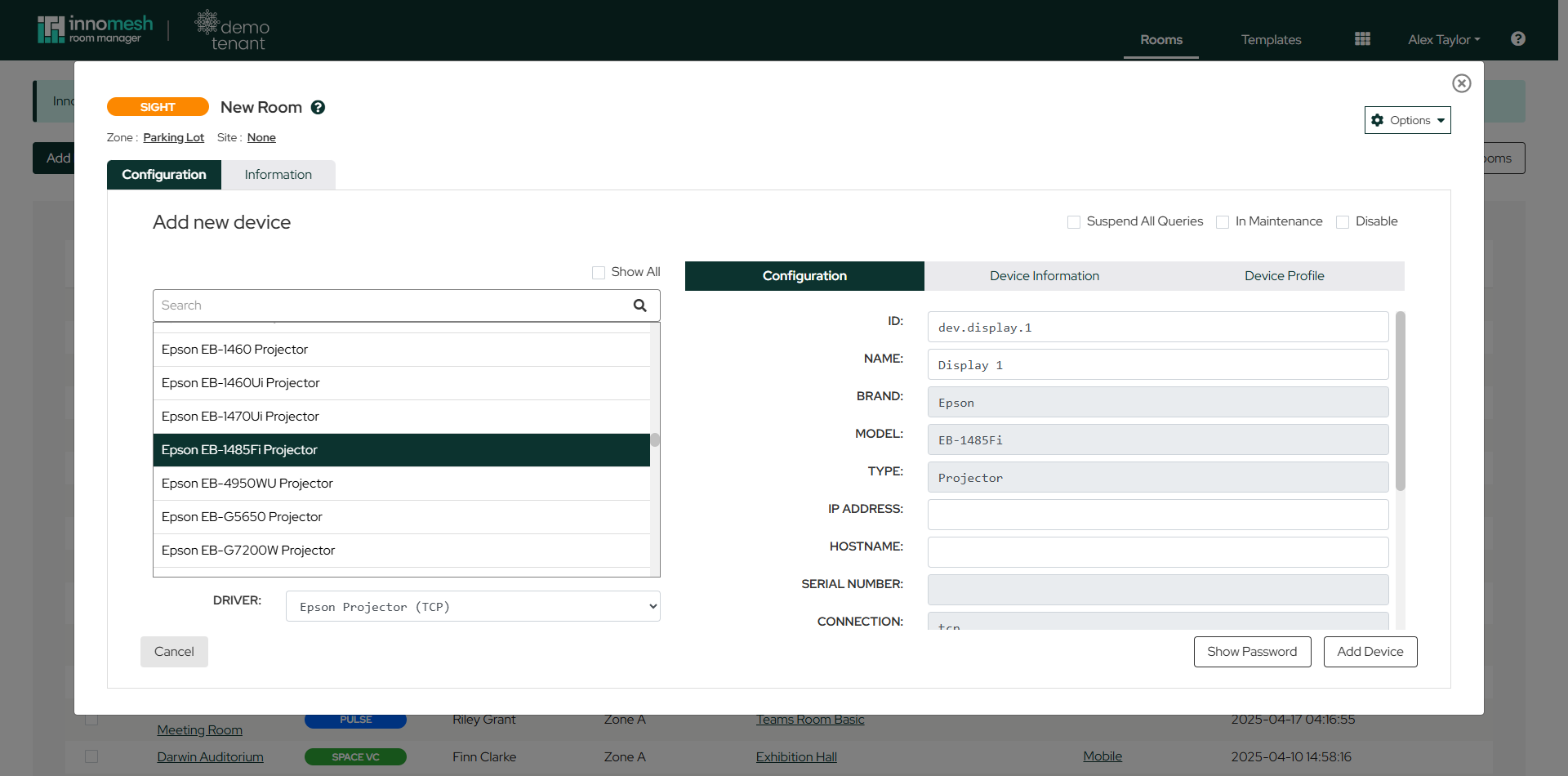 Add new device panel with an Epson asset profile selected and the native TCP driver chosen