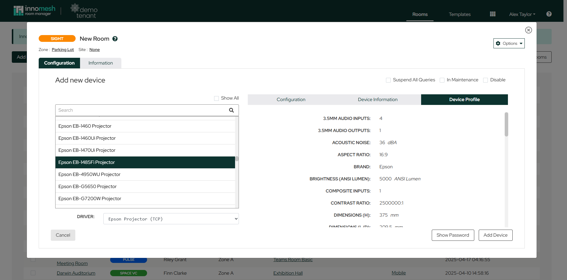 Device Profile tab listing specifications such as aspect ratio, brightness, and contrast ratio