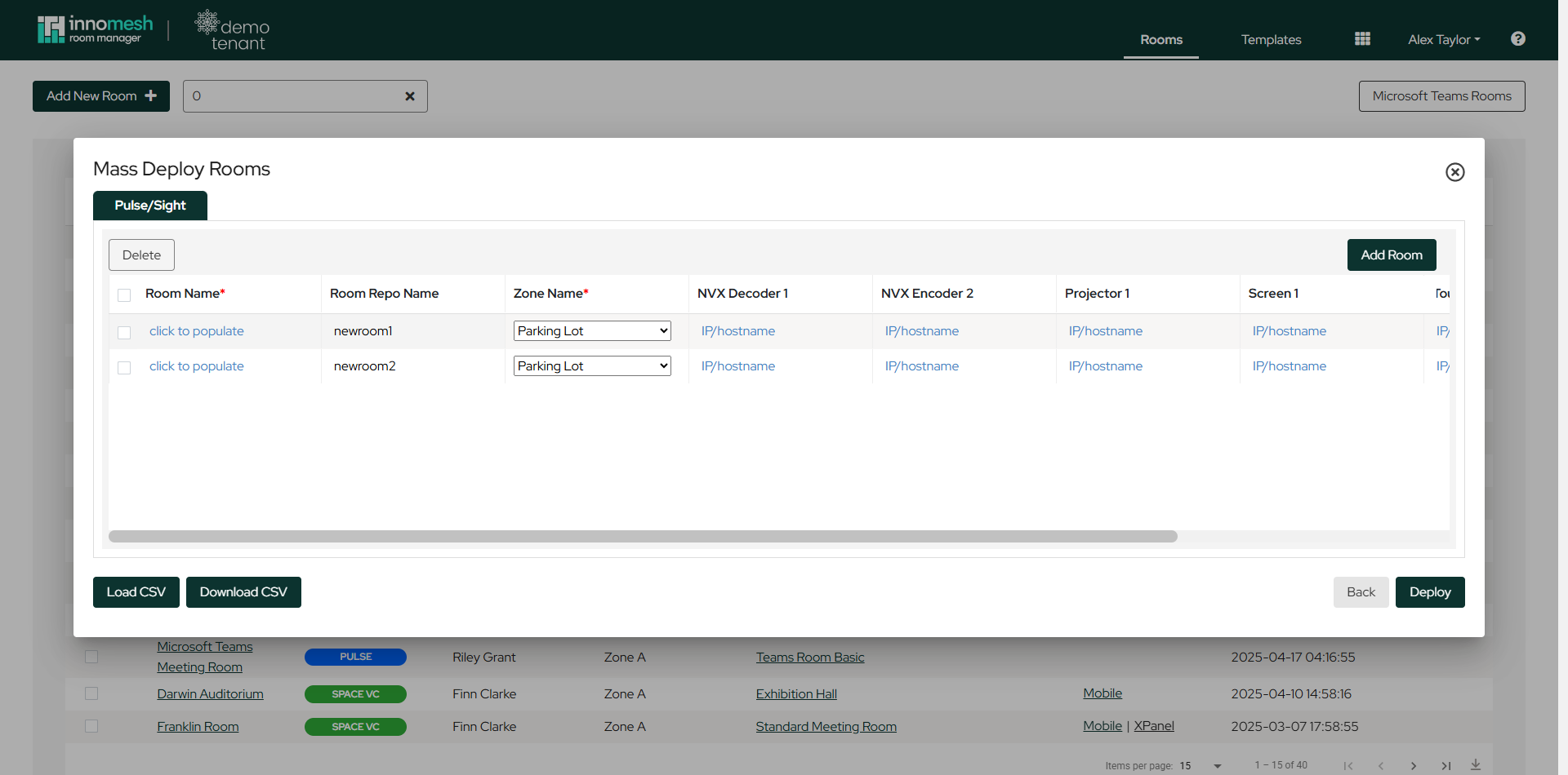 Mass Deploy Rooms view with two staged rooms, zone dropdowns, and per-device IP columns
