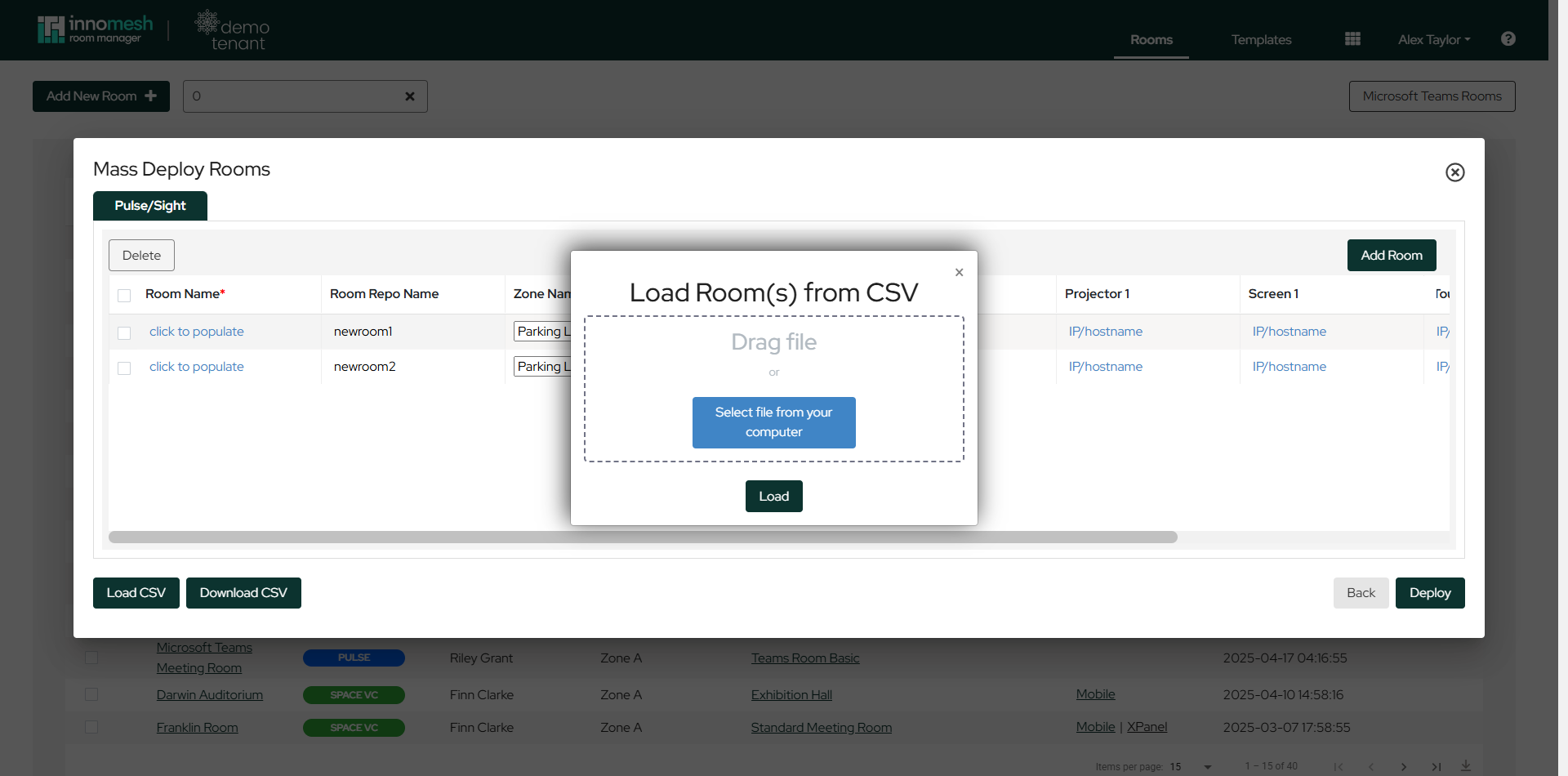 Load Rooms from CSV dialog with a drag-and-drop file area and Load button