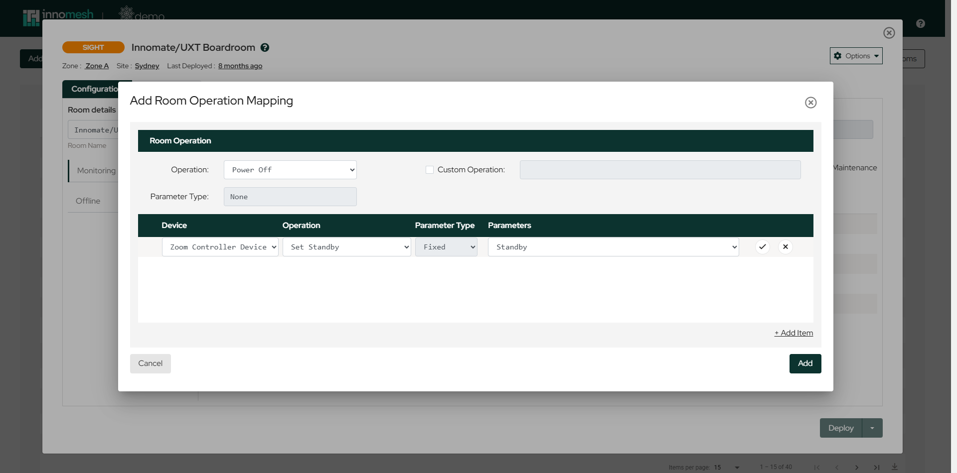 Add Room Operation Mapping dialog mapping Power Off to the touch panel's Set Standby action