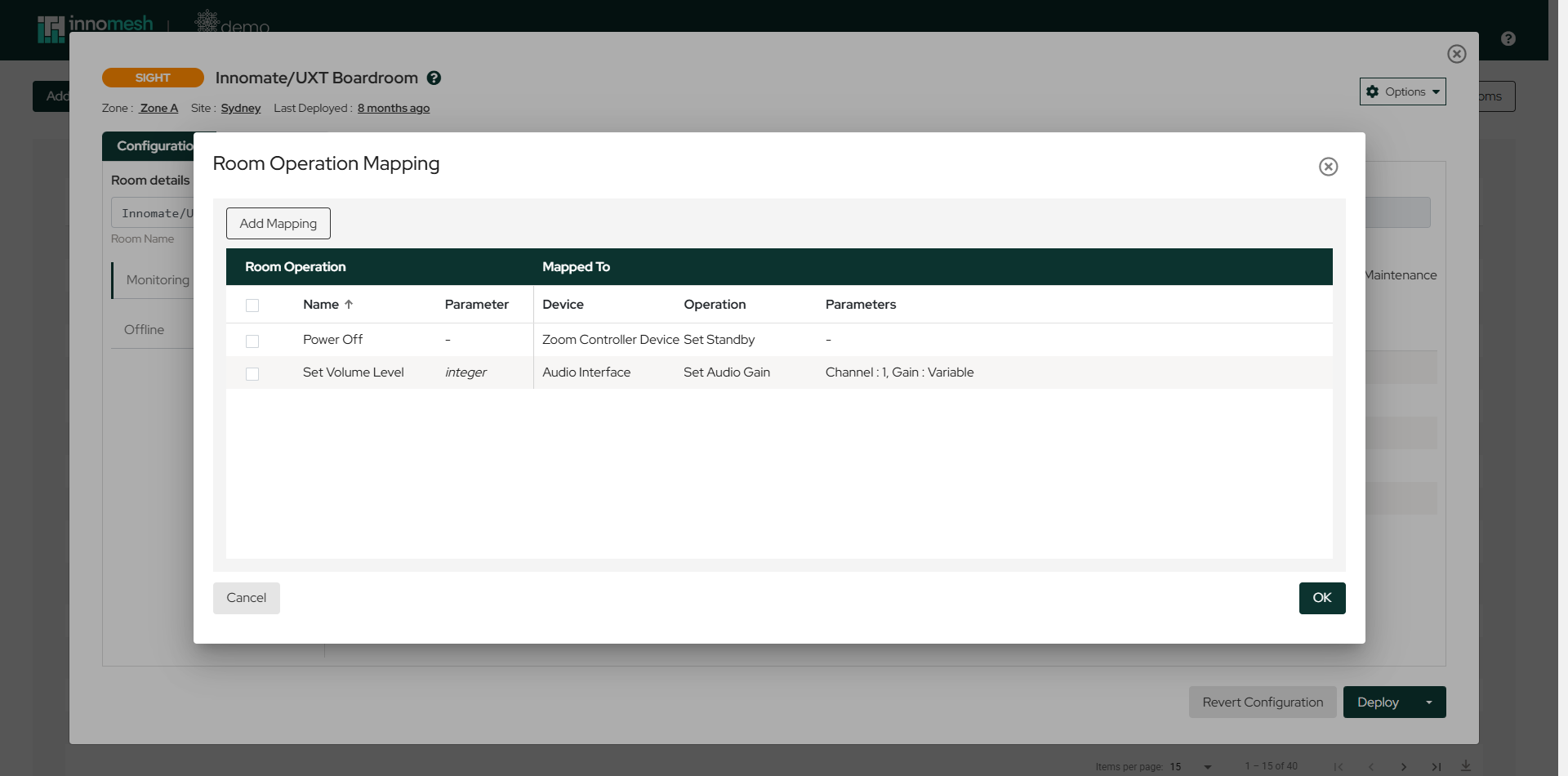 Room Operation Mapping list with Power Off and Set Volume Level operations mapped to device actions