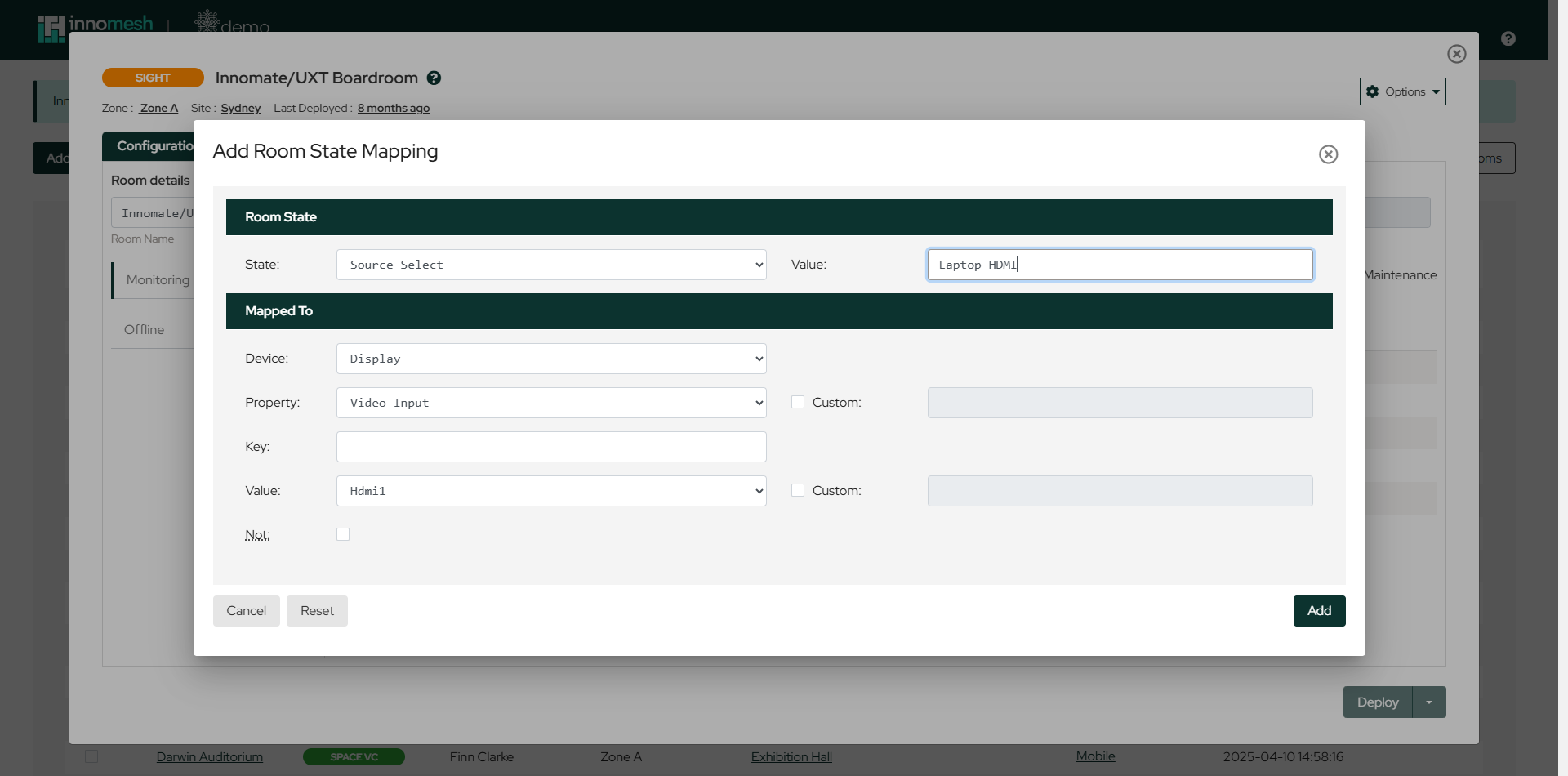 Add Room State Mapping dialog mapping the Source Select state to the Display's Video Input property
