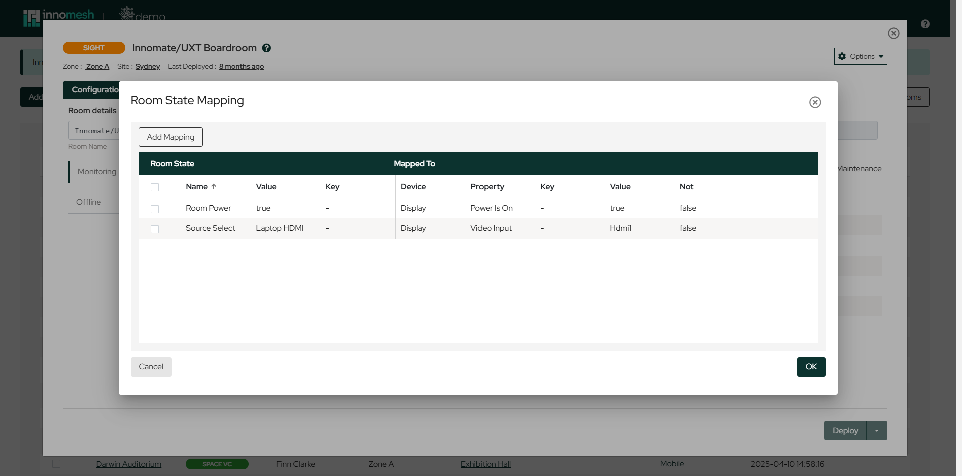 Room State Mapping list with Room Power and Source Select mappings, showing Key columns for both sides