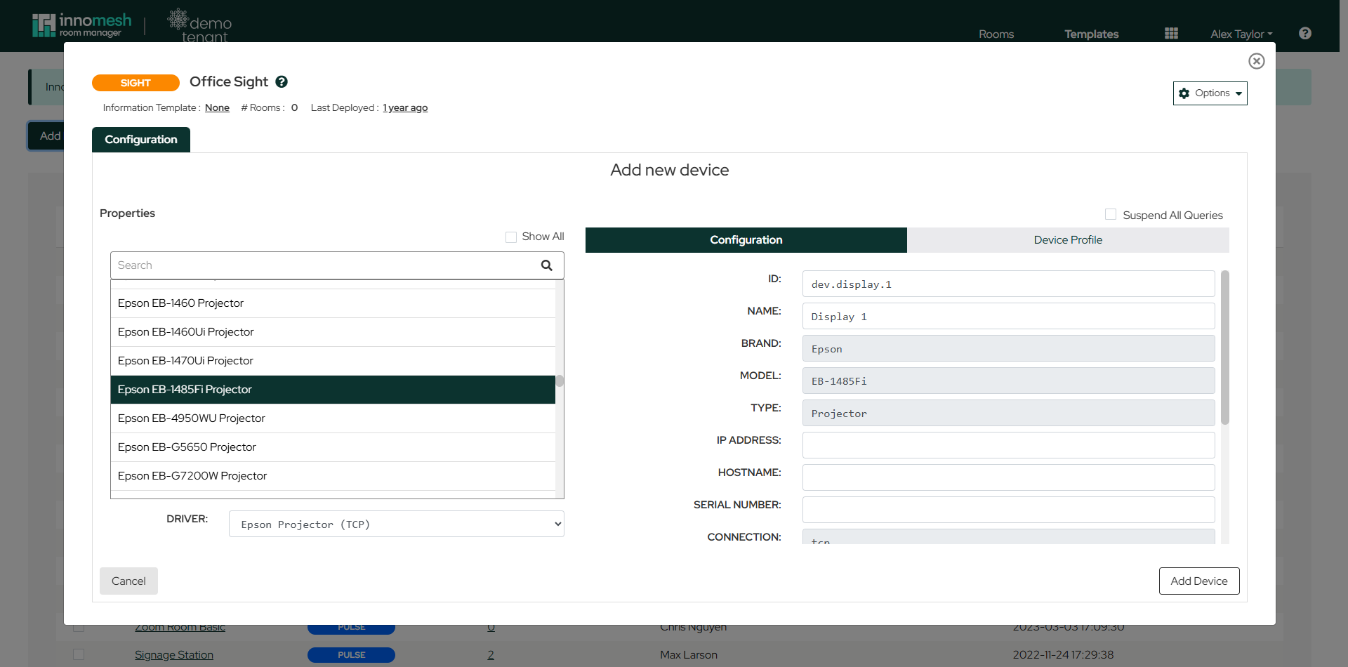 Add new device form with the asset profile list on the left and pre-populated device details