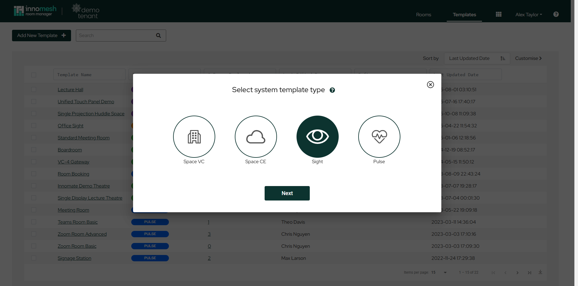 Select system template type dialog with Space VC, Space CE, Sight, and Pulse options, and Sight selected