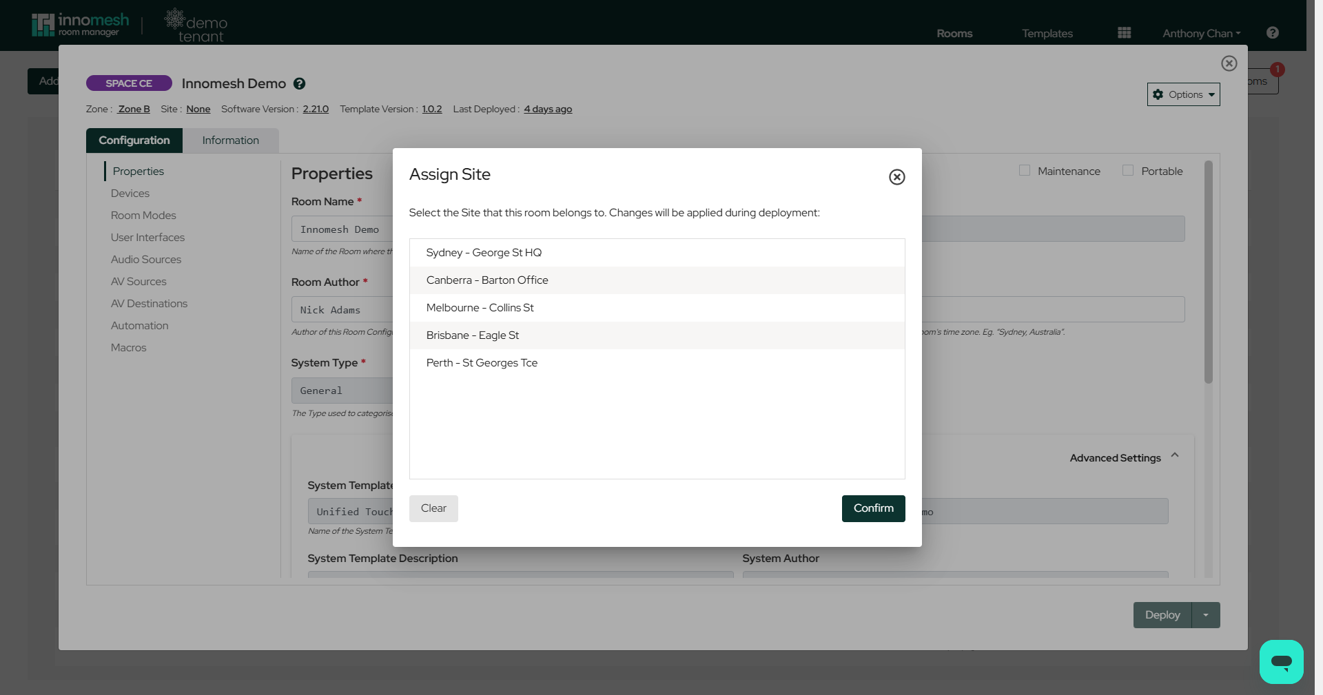 Assign Site dialog listing five sites with Clear and Confirm buttons