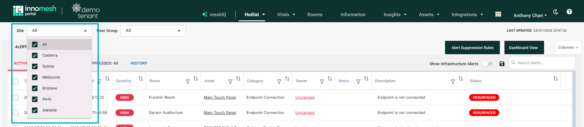 Portal Hotlist with the Site dropdown open, showing checkboxes for All, Canberra, Sydney, Melbourne, Brisbane, Perth, and Adelaide