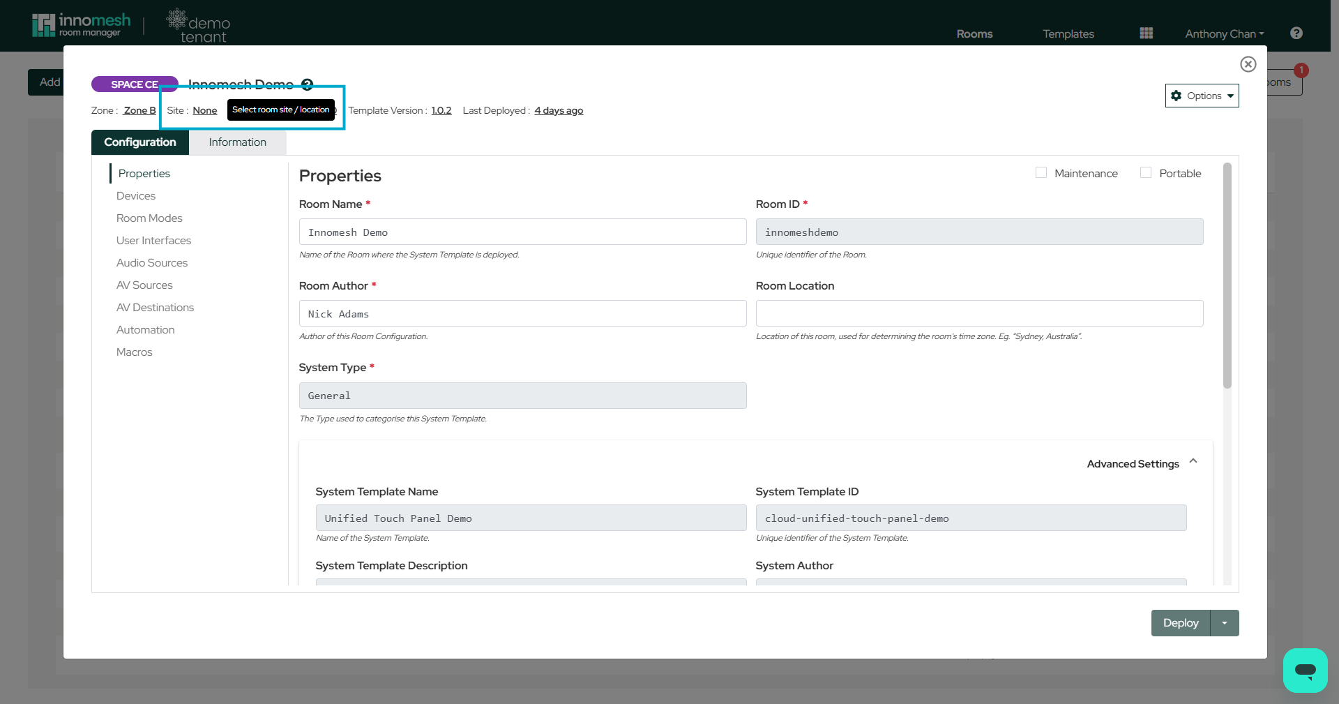 Room configuration window header with the Site field highlighted and a Select room site / location tooltip