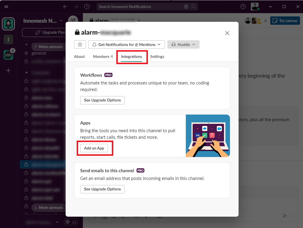 Slack channel Integrations tab with Add an App button