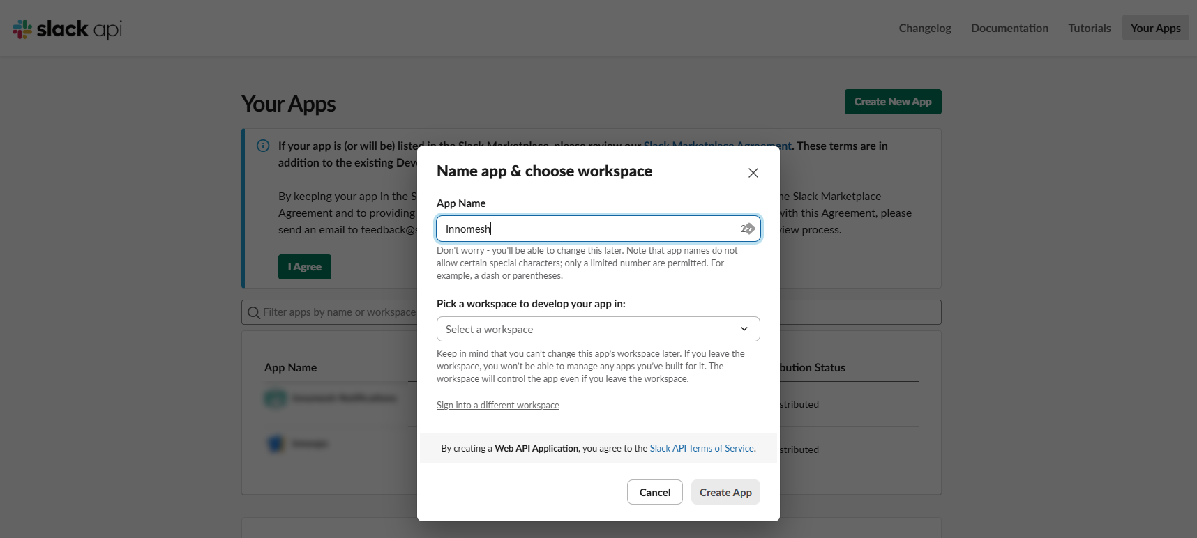 Name app and choose workspace dialog with Innomesh entered as app name