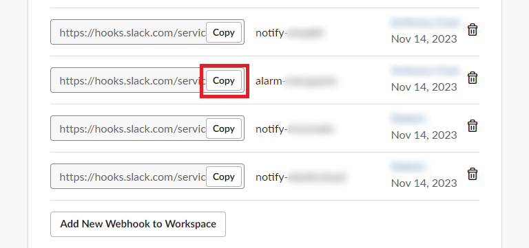 Generated webhook URL with Copy button highlighted