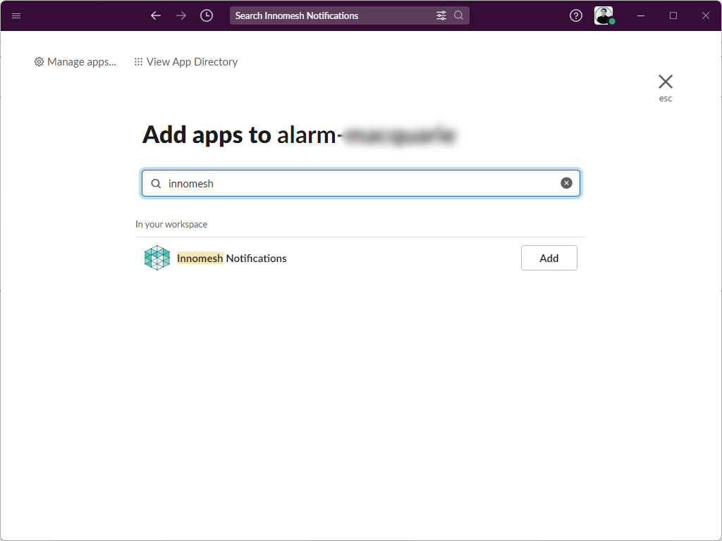Slack app search results showing Innomesh Notifications