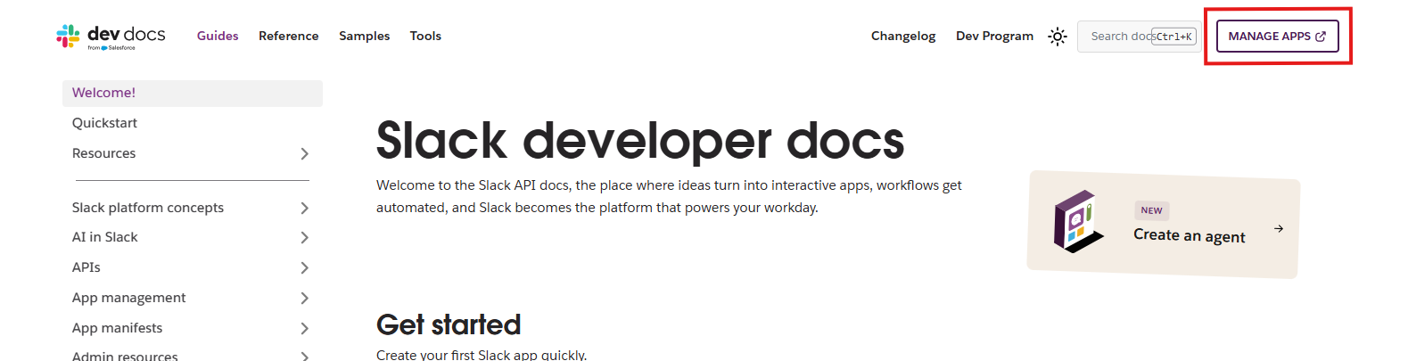 Slack API developer docs page with Manage Apps button highlighted