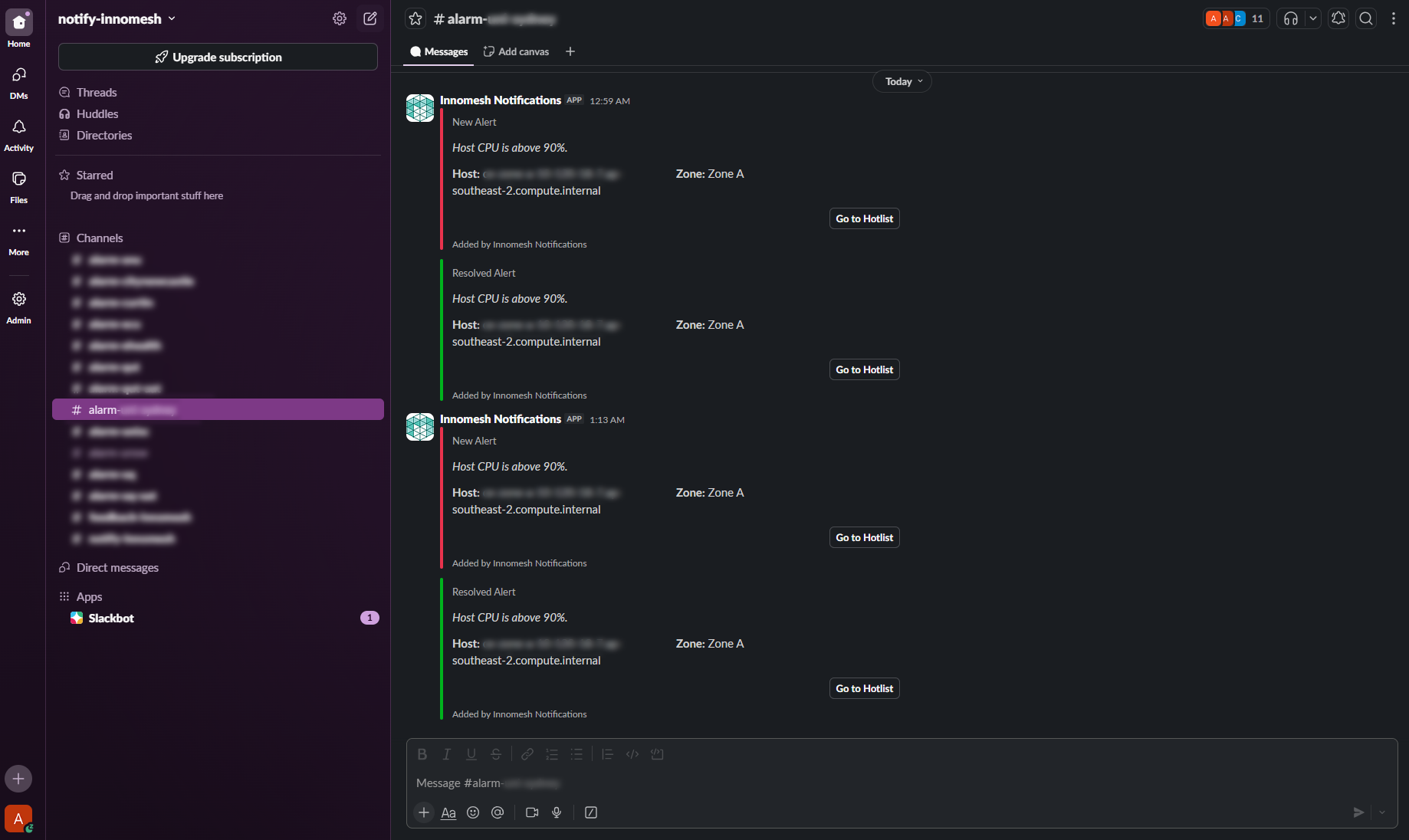Slack channel showing a series of Innomesh alert notifications with severity, room, and device details