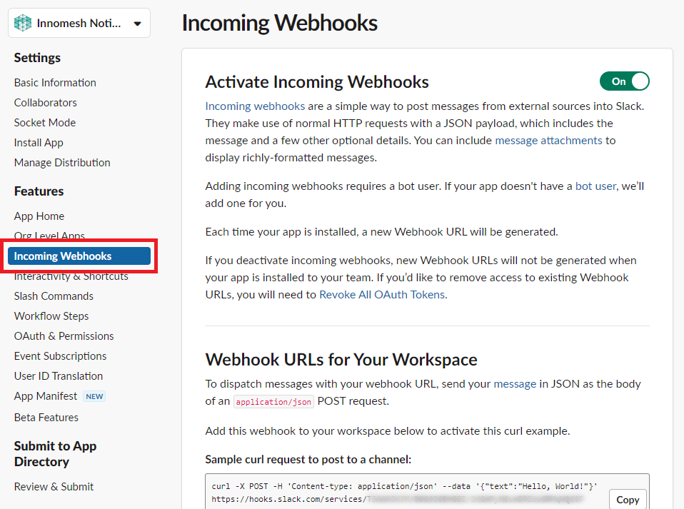 Incoming Webhooks page with Add New Webhook to Workspace button