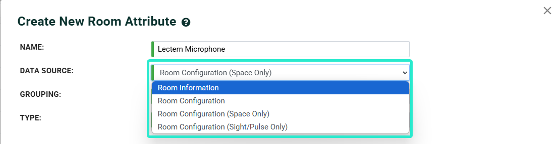 Data Source dropdown listing Room Information, Room Configuration, Room Configuration (Space Only), and Room Configuration (Sight/Pulse Only)