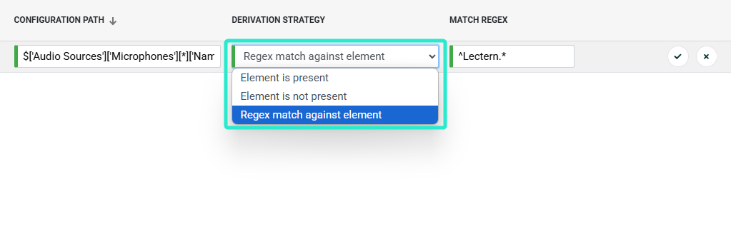 Derivation Strategy dropdown showing Element is present, Element is not present, and Regex match against element options