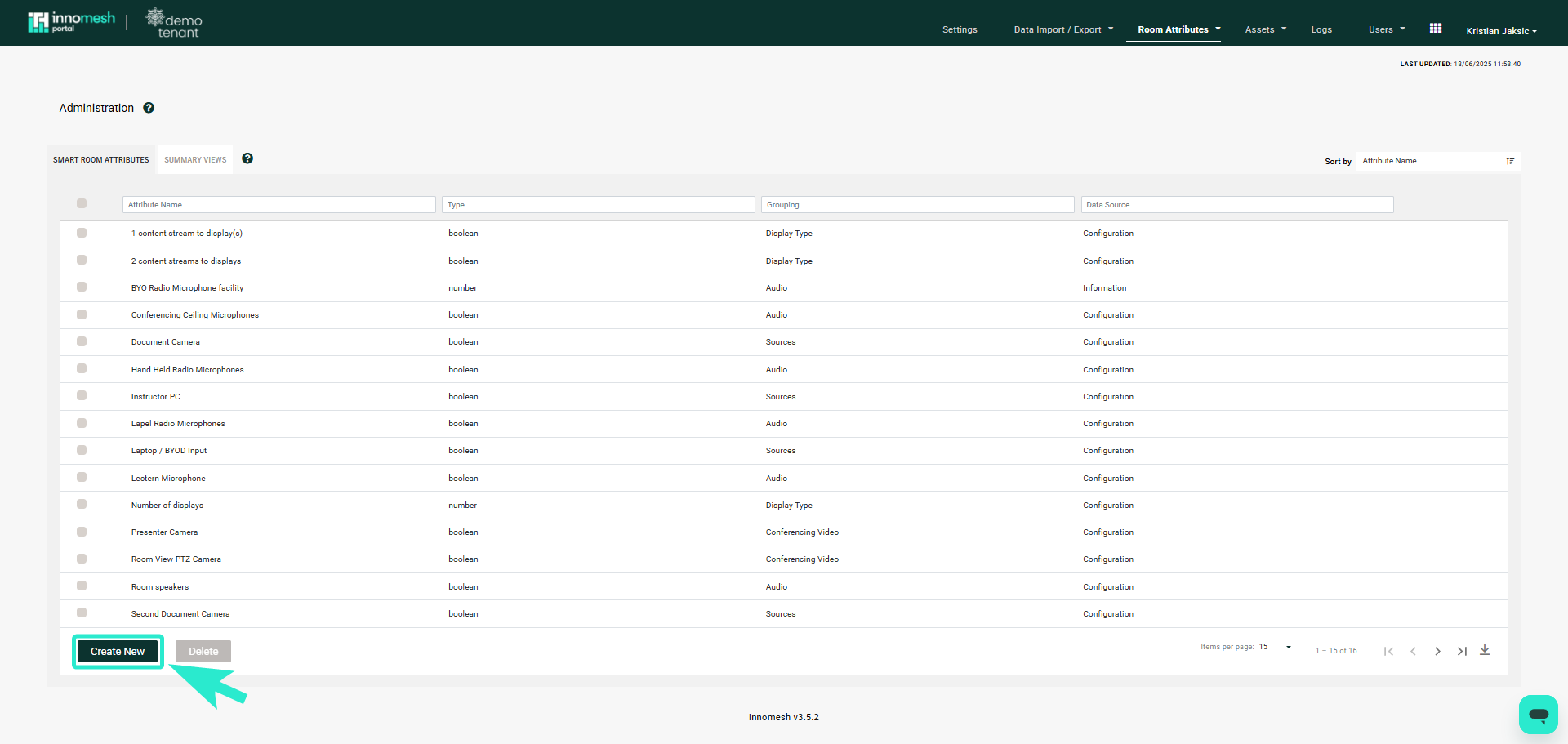 Smart Room Attributes list page with the Create New button in the lower left