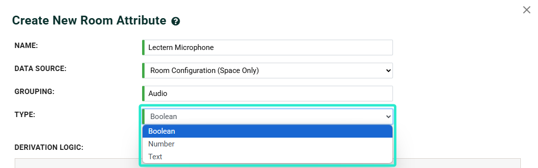 Type dropdown expanded to show the Boolean, Number, and Text options