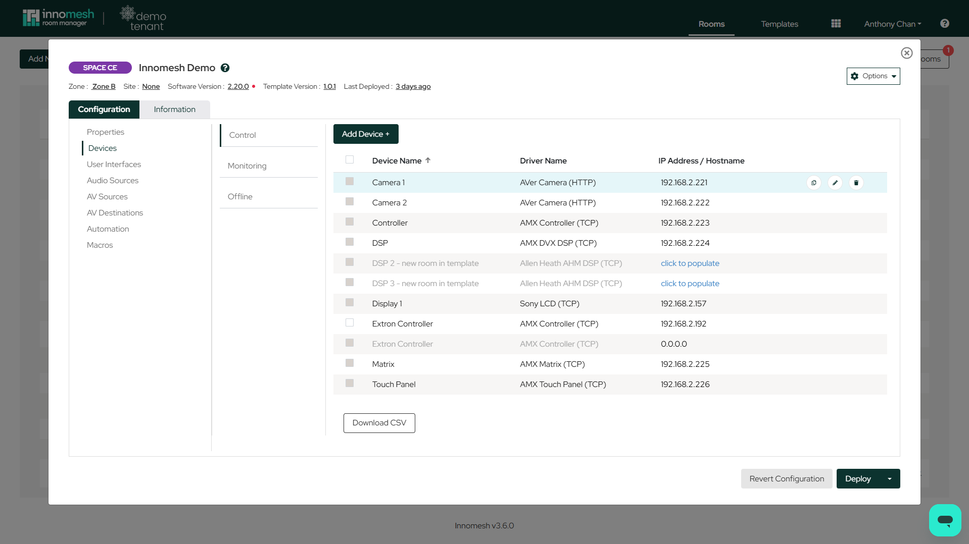 Devices section with Control, Monitoring, and Offline categories, a device table with driver names and IP addresses, and action icons revealed on the hovered device row