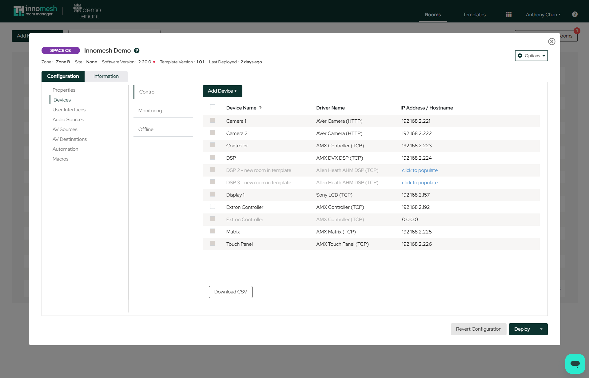Device table listing cameras, controllers, DSPs and displays with driver names, IP addresses, click-to-populate links, and greyed-out disabled rows