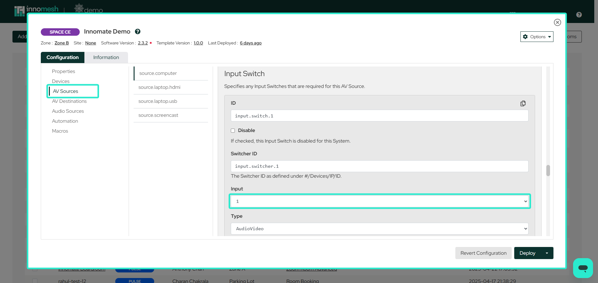 AV Sources Input Switch configuration showing Switcher ID and Input fields in the Space CE template editor