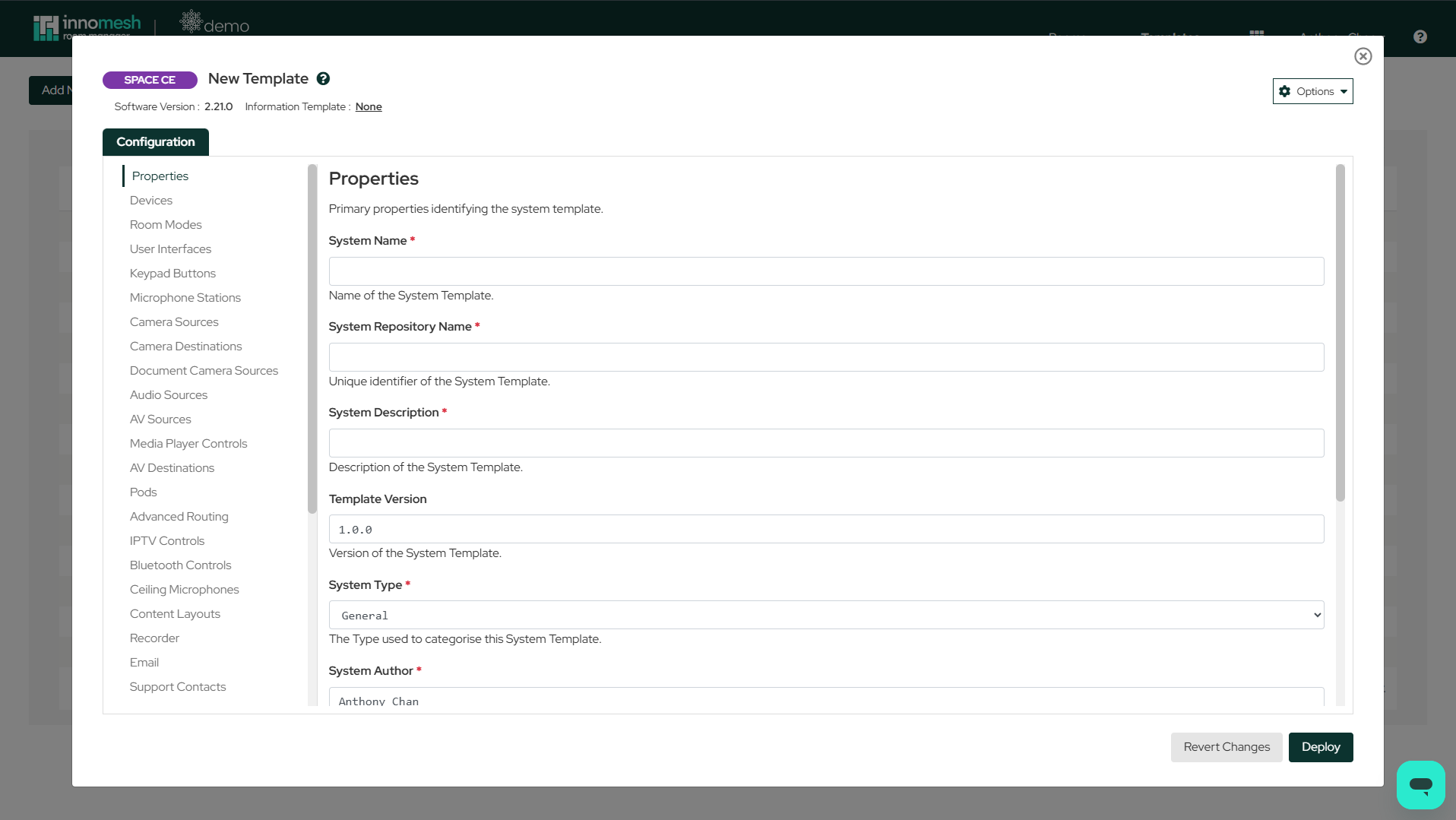 New Template window showing the Properties section with System Name, System Repository Name, System Description, Template Version, System Type, and System Author fields