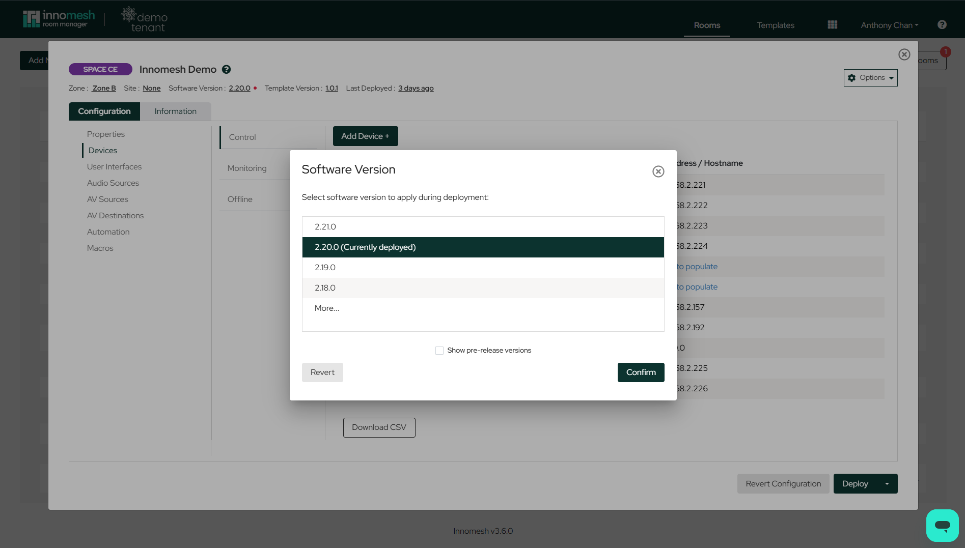 Software Version dialog listing versions 2.18.0 to 2.21.0 with 2.20.0 marked as currently deployed, a Show pre-release versions checkbox, and Revert and Confirm buttons