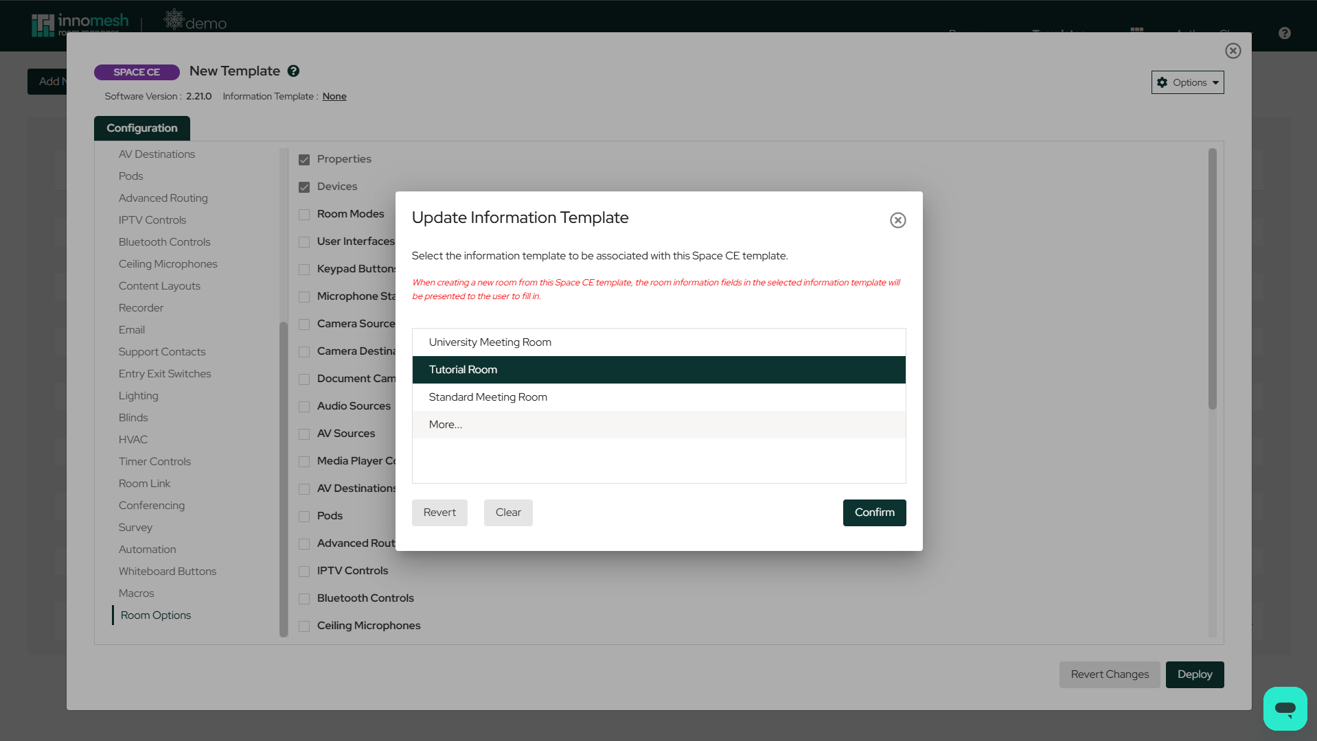 Update Information Template dialog with a list of information templates and Revert, Clear, and Confirm buttons