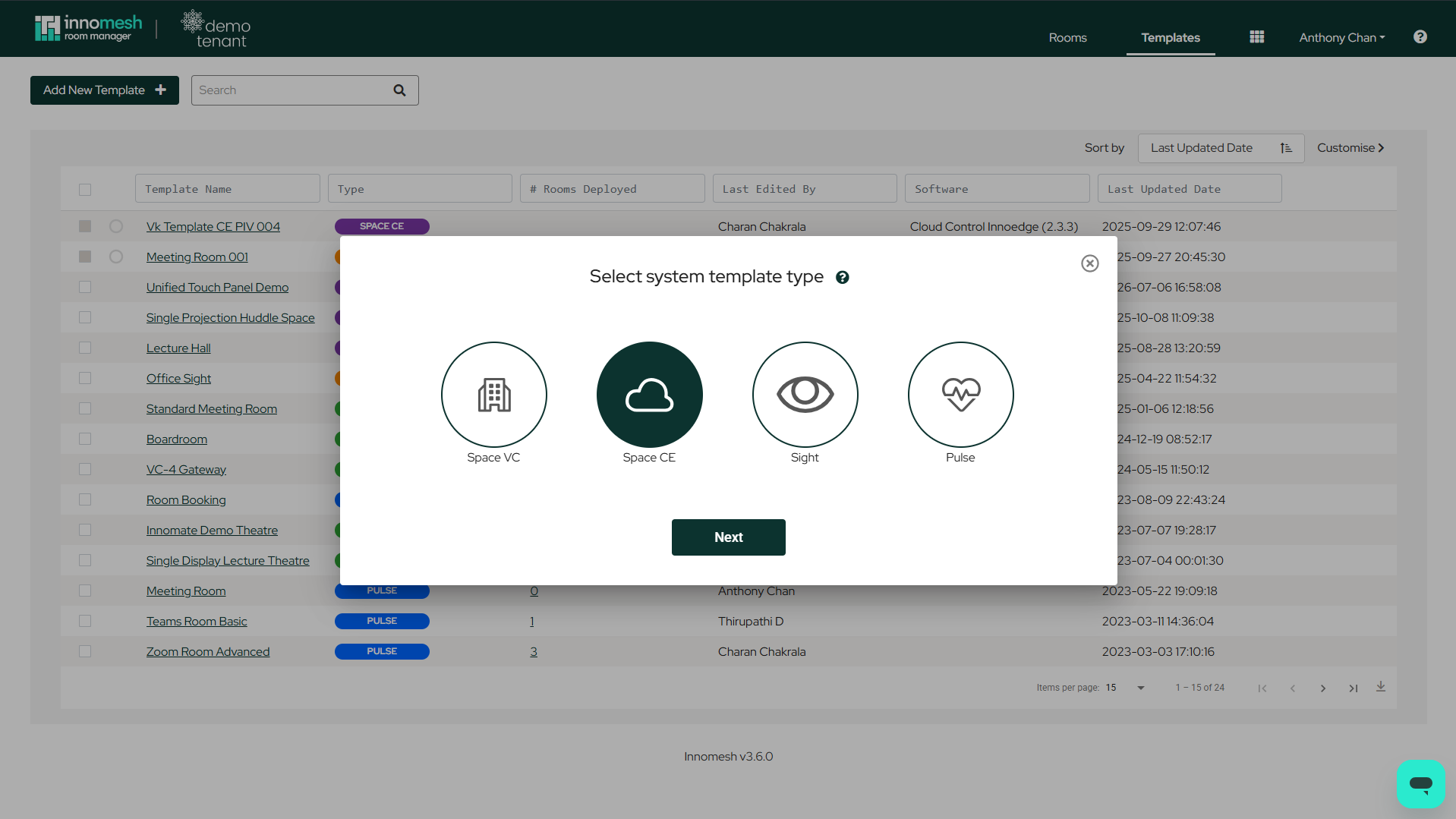 Select system template type dialog with Space VC, Space CE, Sight, and Pulse options and Space CE selected