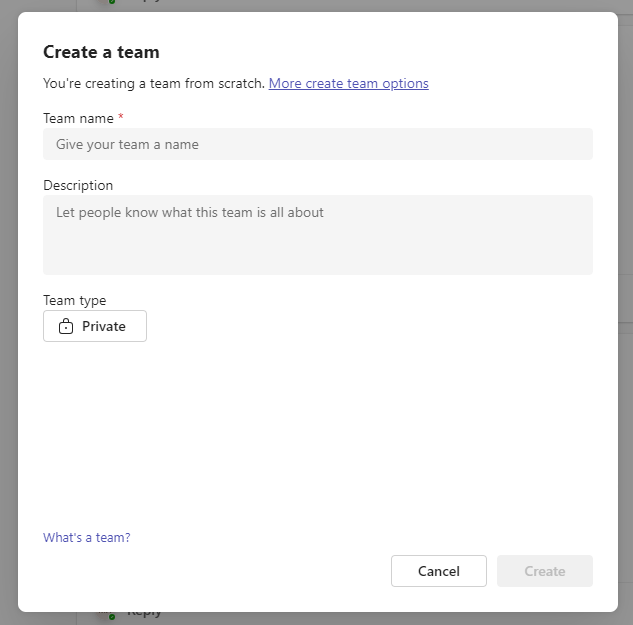 Create a team dialog with team name field