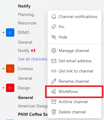Teams channel context menu with Workflows option highlighted