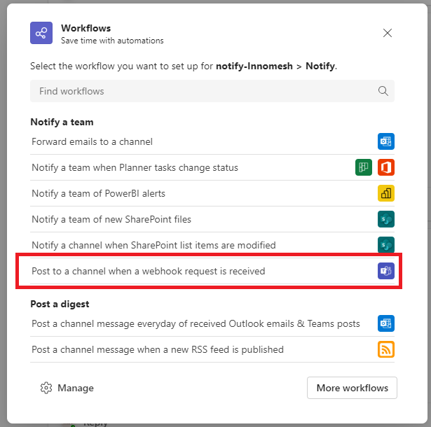Workflows panel showing Post to a channel when a webhook request is received option highlighted