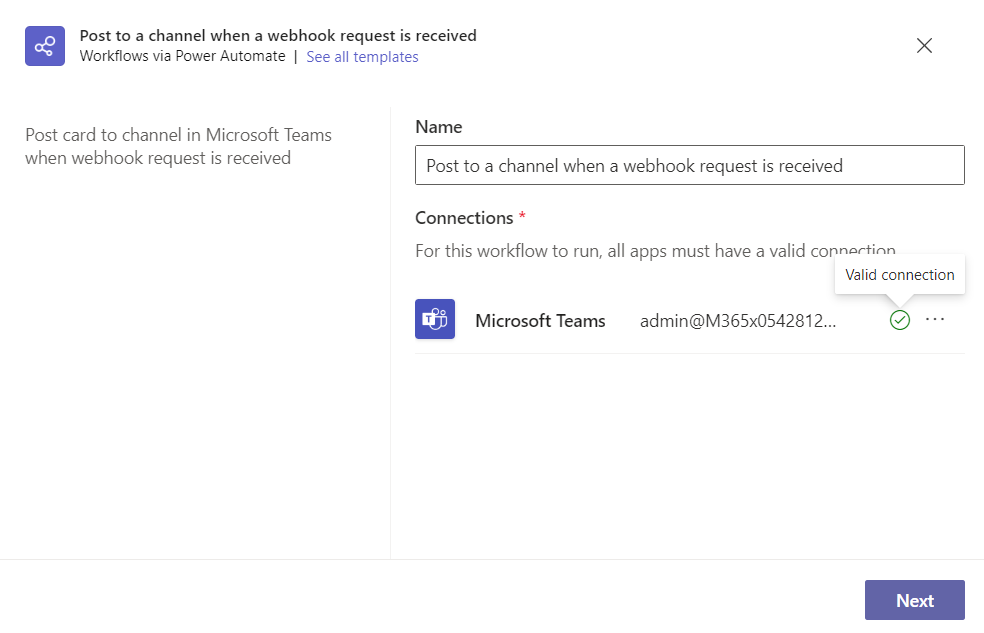 Workflow setup screen showing Valid connection confirmation for Microsoft Teams