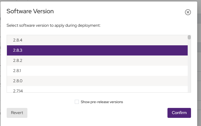 Software version selection panel listing available versions with a Confirm button