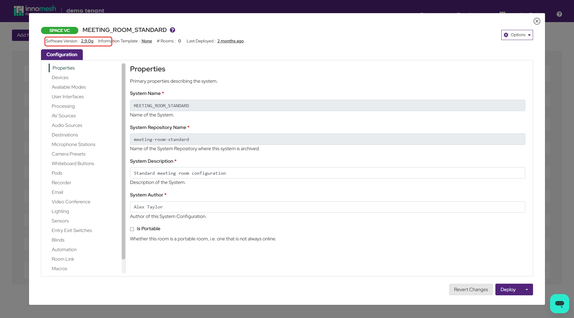 Template editor with the software version label and its underlined version link highlighted in the top-left