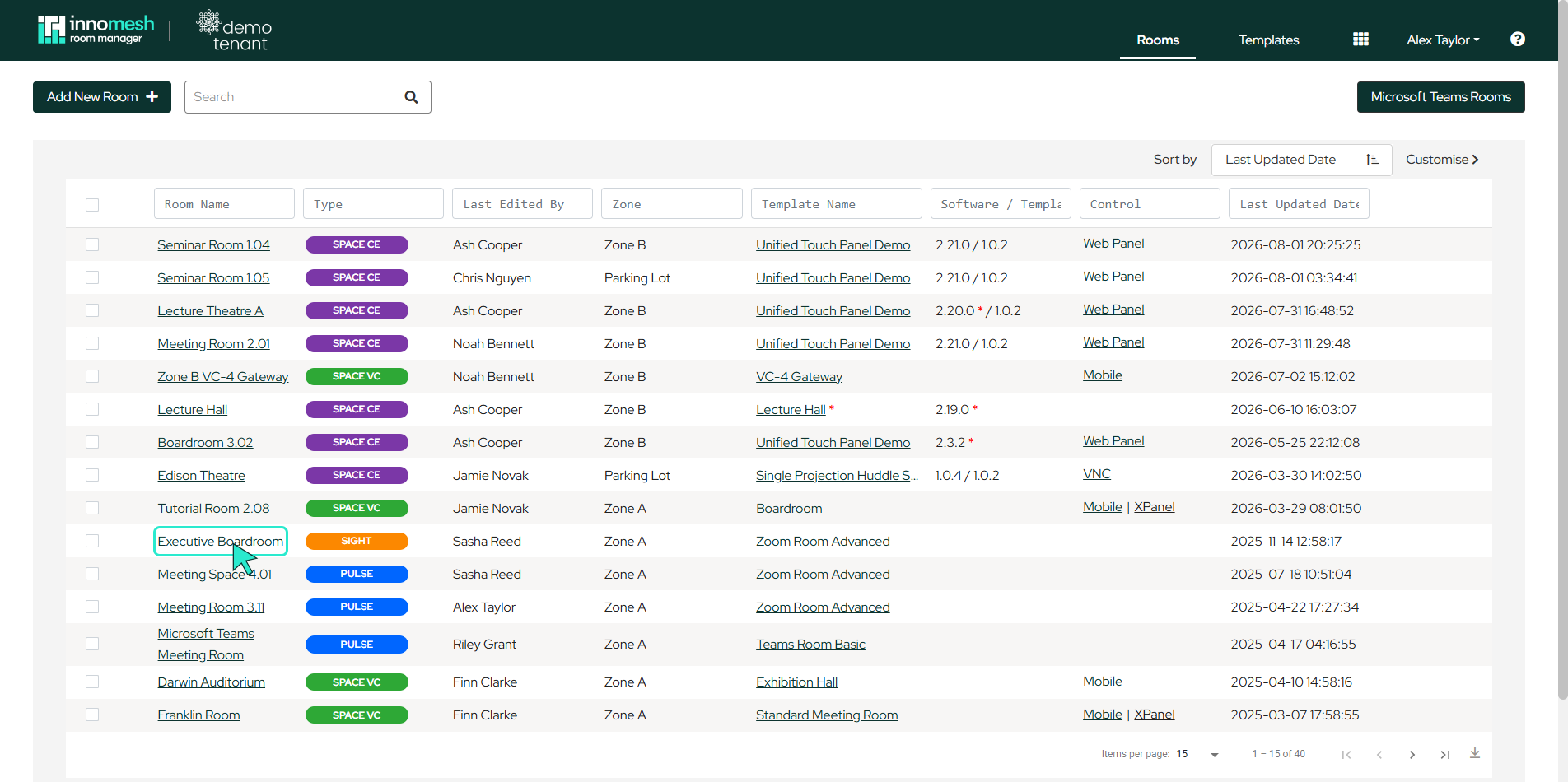 Rooms list with the Edit Configuration link on a Sight room highlighted