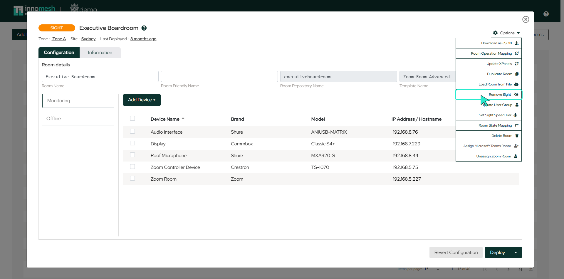 Sight room configuration with the Options dropdown open and Remove Sight highlighted