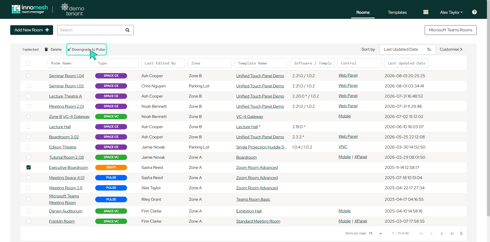 Rooms list with a Sight room selected and the bulk Downgrade to Pulse action highlighted