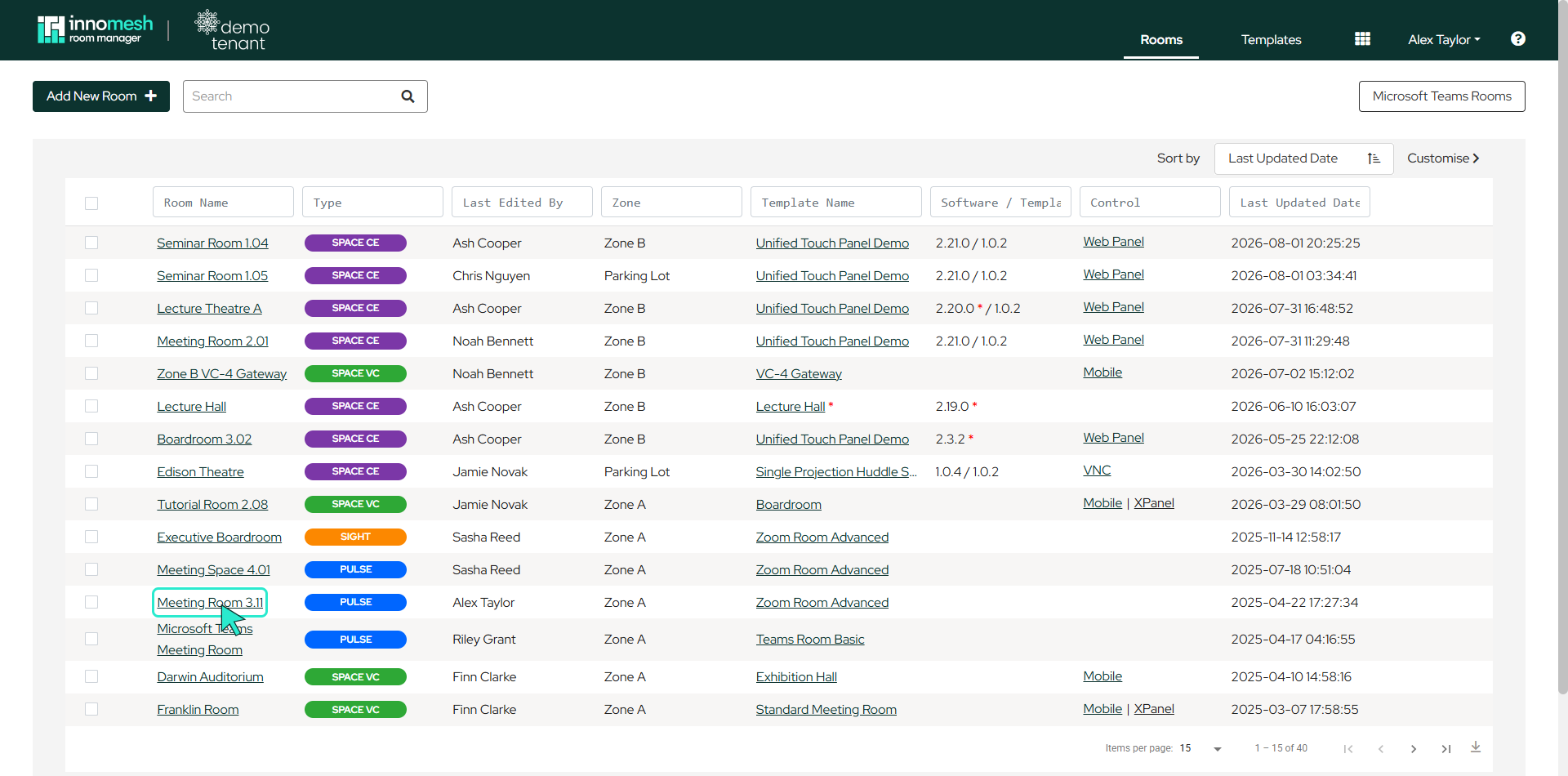Rooms list with the Edit Configuration link on a Pulse room highlighted