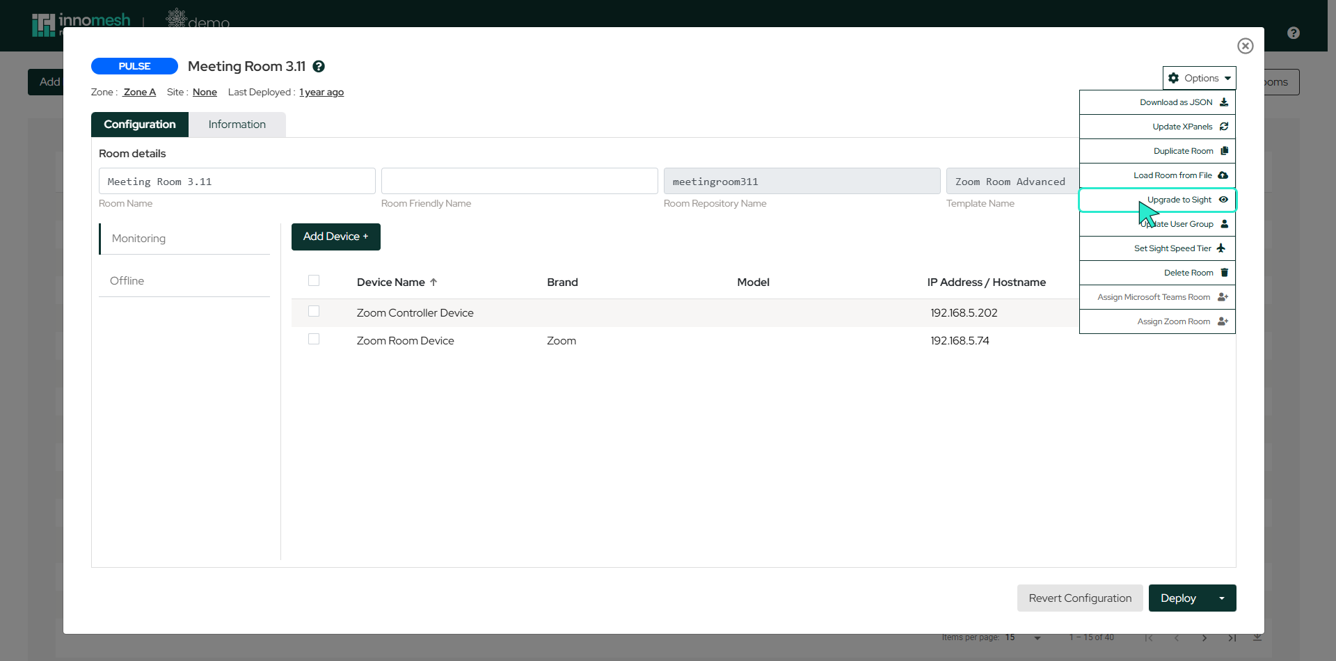 Pulse room configuration with the Options dropdown open and Upgrade to Sight highlighted