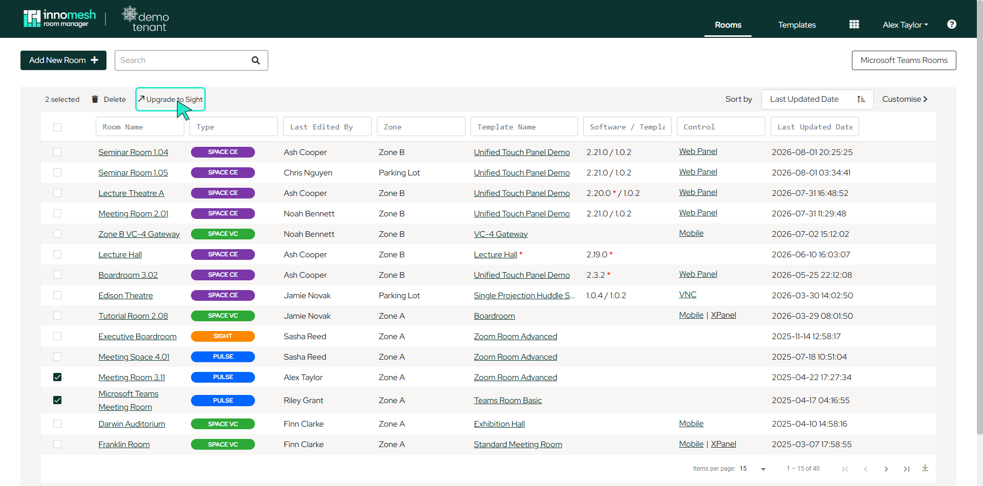 Rooms list with two Pulse rooms selected and the bulk Upgrade to Sight action highlighted