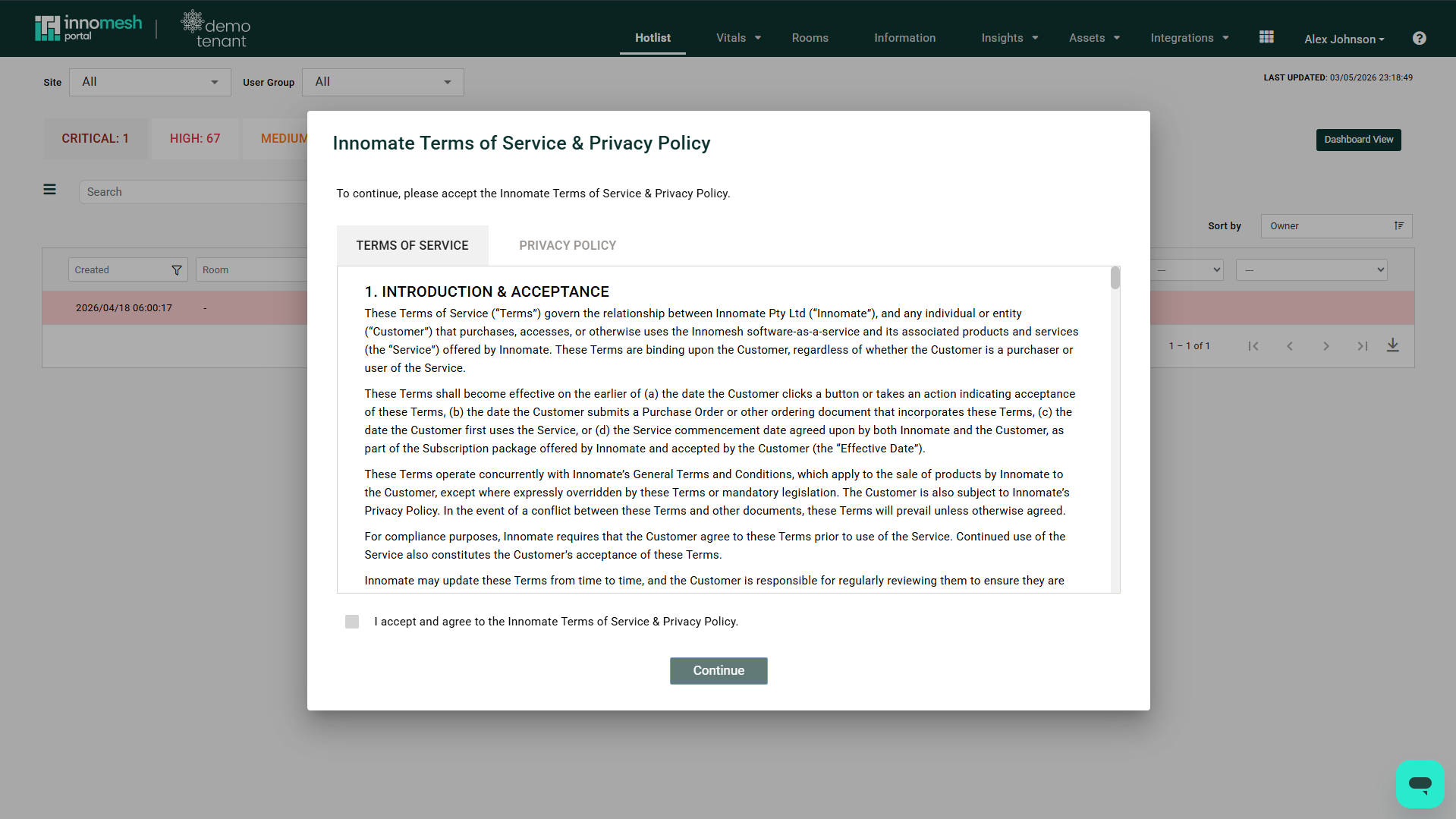 Terms of Service acceptance screen shown on first login