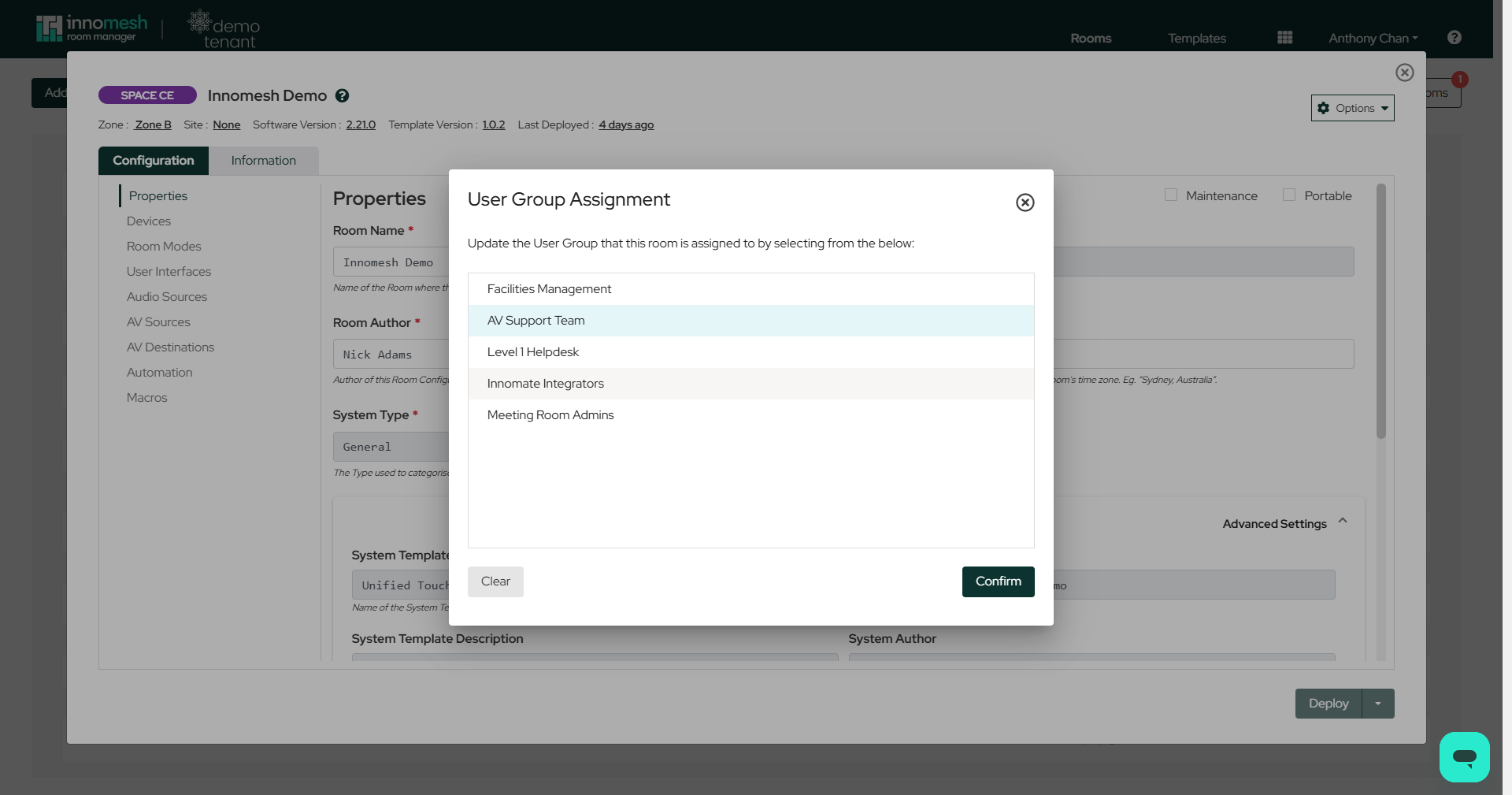User Group Assignment dialog listing five user groups with Clear and Confirm buttons