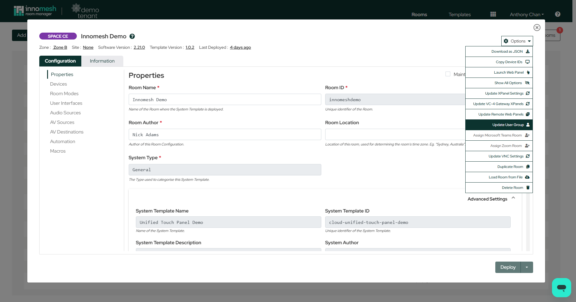 Room configuration Options menu expanded with Update User Group highlighted among room actions