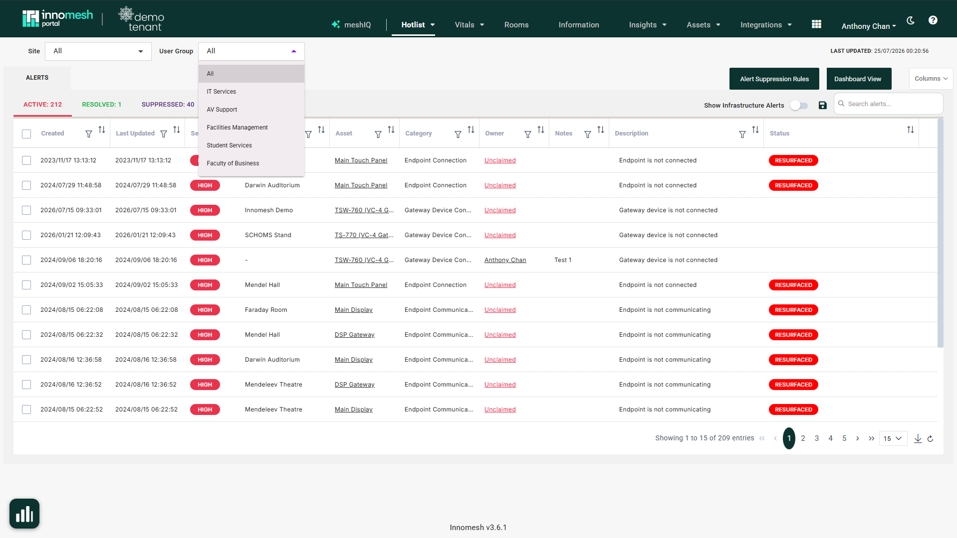 Portal Hotlist with the User Group dropdown open, listing All, IT Services, AV Support, Facilities Management, Student Services, and Faculty of Business